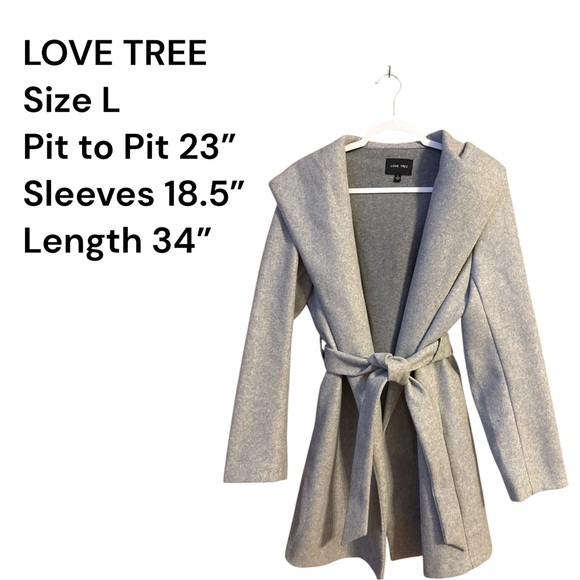 Love Tree Gray Hooded Belted Wrap Coat Minimalist Longline Jacket Size L - Picture 7 of 11